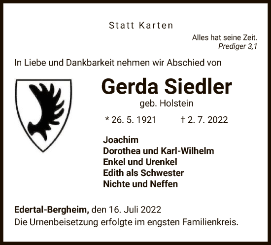 Traueranzeige von Gerda Siedler von WLZ