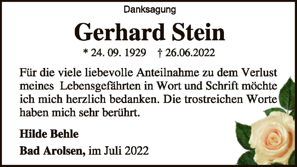  Traueranzeige für Gerhard Stein vom 16.07.2022 aus WLZ