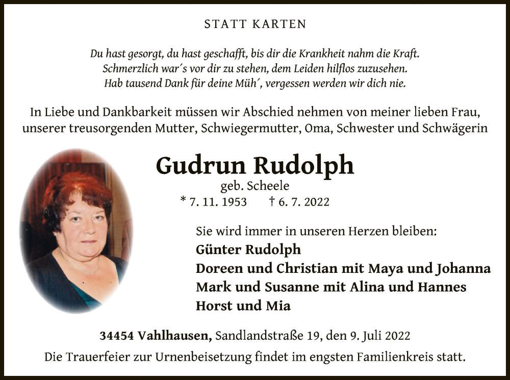  Traueranzeige für Gudrun Rudolph vom 09.07.2022 aus WLZ