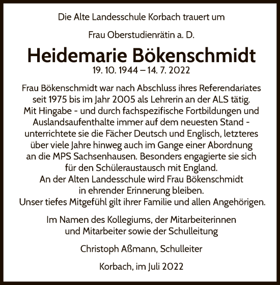 Traueranzeige von Heidemarie Bökenschmidt von WLZ