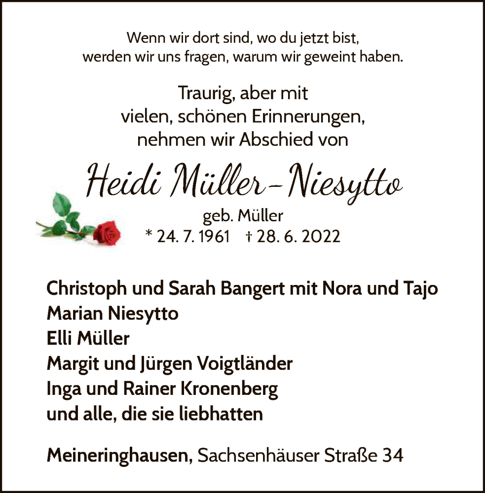  Traueranzeige für Heidi Müller-Niesytto vom 02.07.2022 aus WLZ