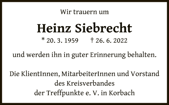 Traueranzeige von Heinz Siebrecht von WLZ