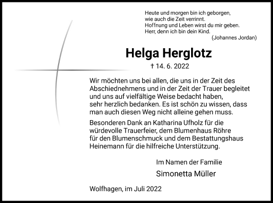 Traueranzeige von Helga Herglotz von HNA