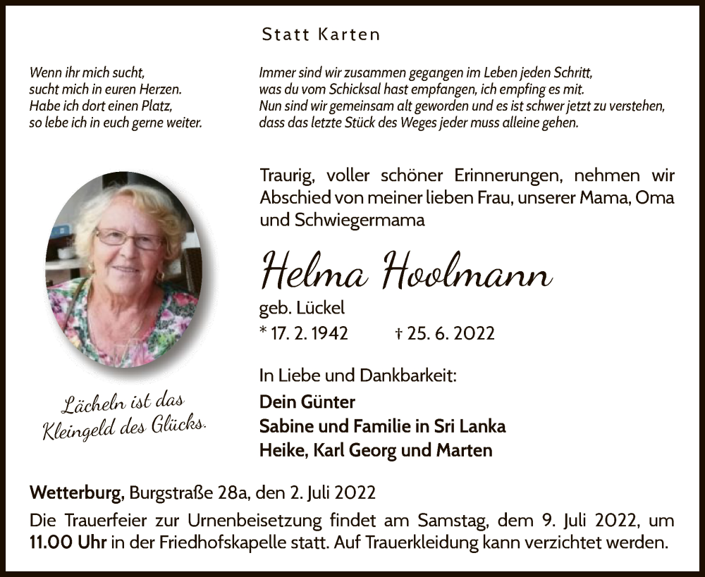  Traueranzeige für Helma Hoolmann vom 02.07.2022 aus WLZ