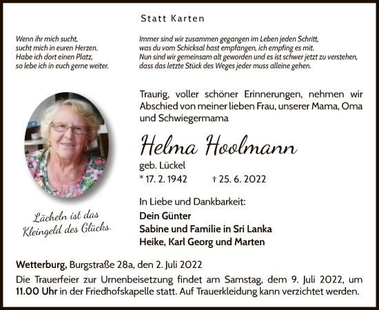 Traueranzeige von Helma Hoolmann von WLZ