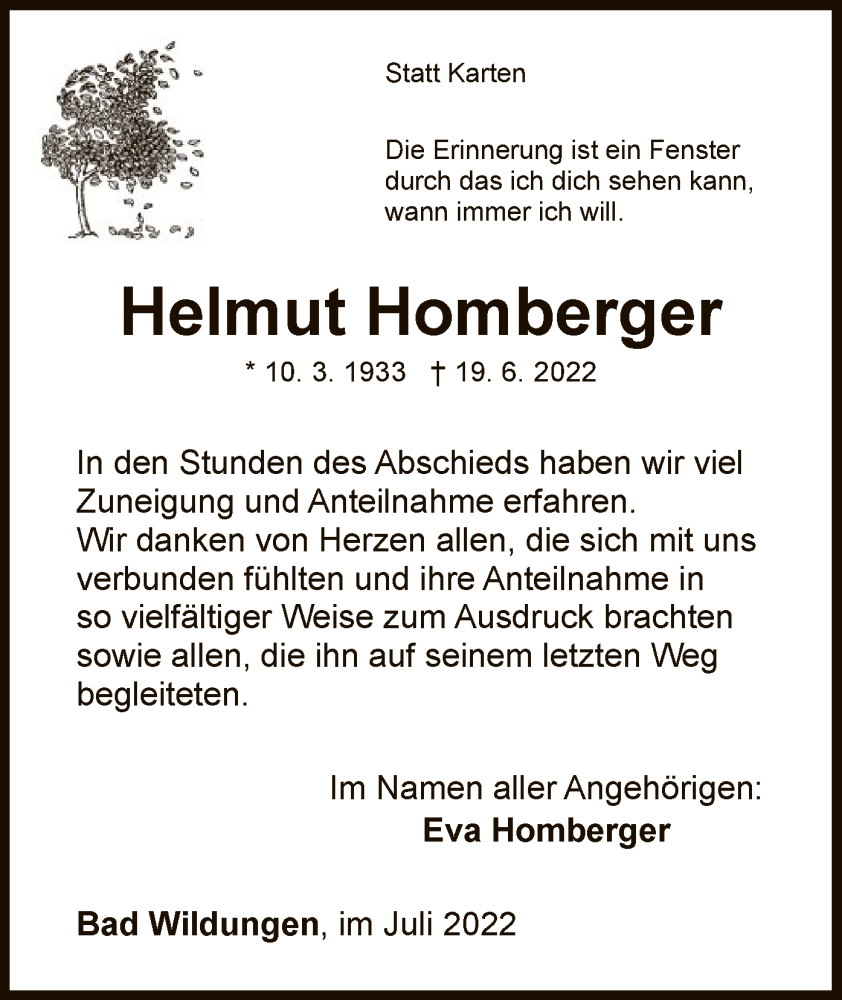  Traueranzeige für Helmut Homberger vom 09.07.2022 aus WLZ