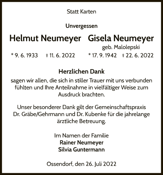 Traueranzeige von Helmut und Gisela Neumeyer von WLZ
