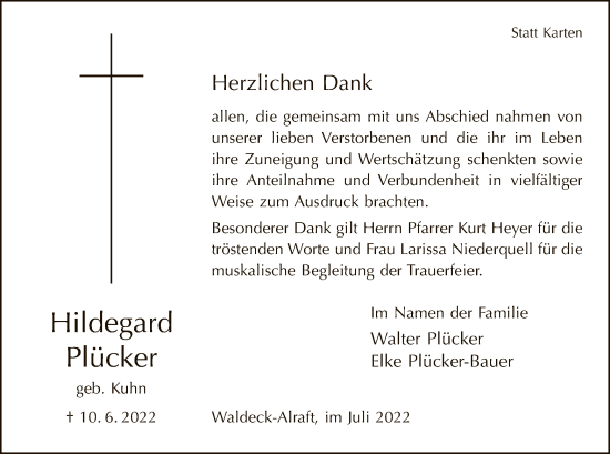 Traueranzeige von Hildegard Plücker von WLZ