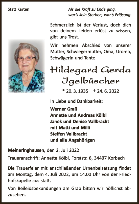 Traueranzeige von Hildegard Gerda Igelbüscher von WLZ