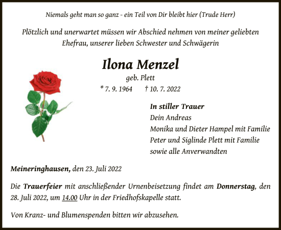 Traueranzeige von Ilona Menzel von WLZ