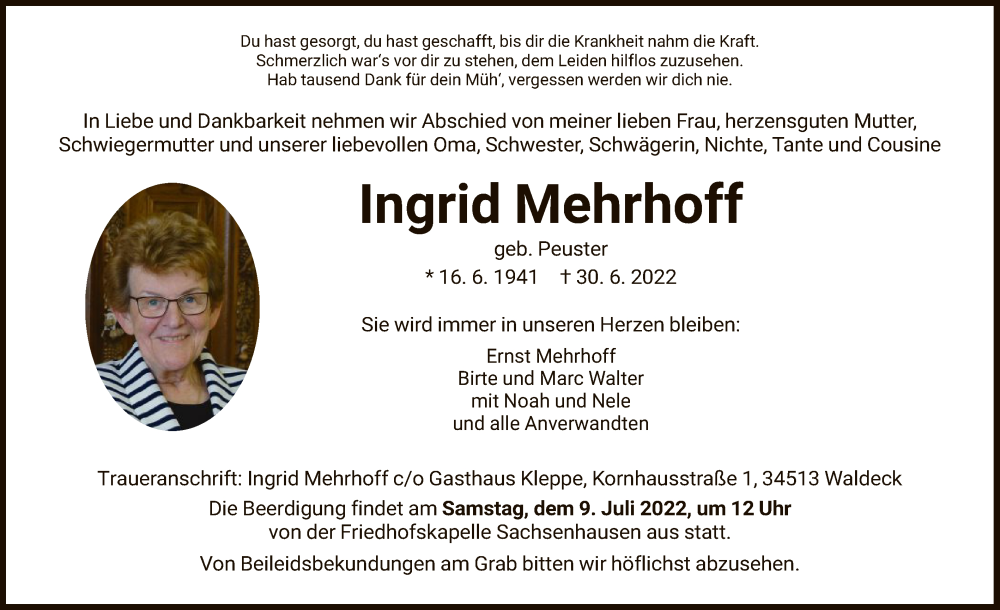  Traueranzeige für Ingrid Mehrhoff vom 05.07.2022 aus WLZ