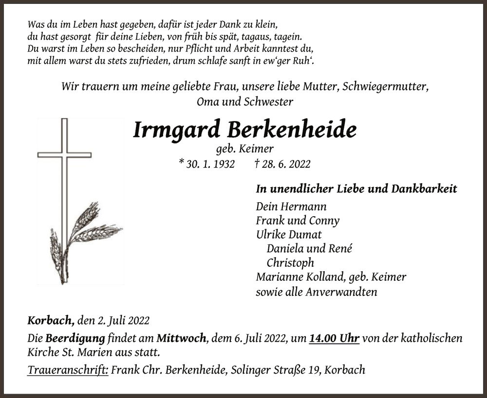  Traueranzeige für Irmgard Berkenheide vom 02.07.2022 aus WLZ