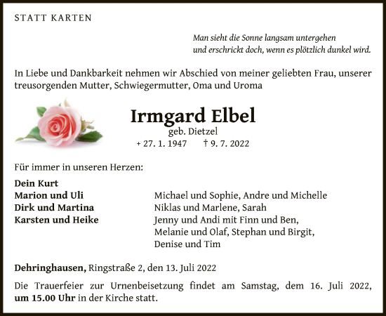 Traueranzeige von Irmgard Elbel von WLZ