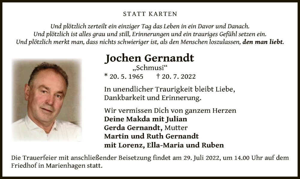  Traueranzeige für Jochen Gernandt vom 23.07.2022 aus WLZ