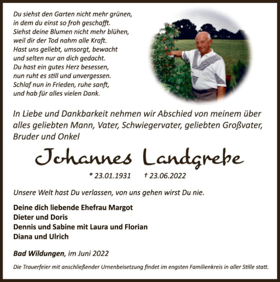 Traueranzeige von Johannes Landgrebe von WLZ