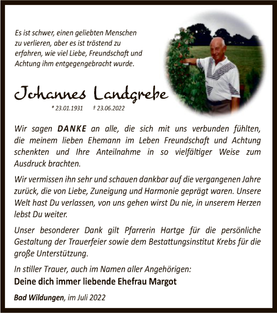 Traueranzeige von Johannes Landgrebe von WLZ