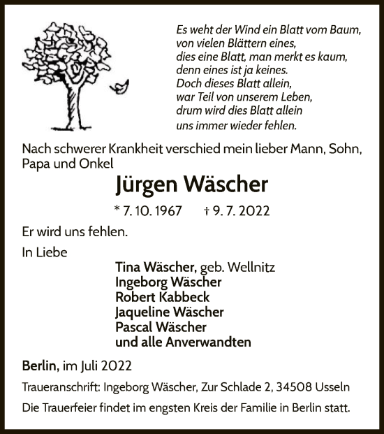 Traueranzeige von Jürgen Wäscher von WLZ