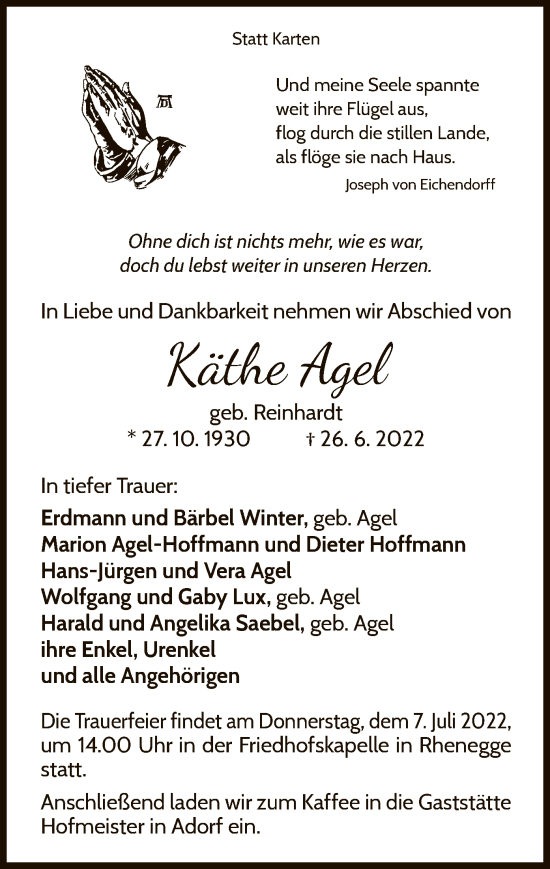 Traueranzeige von Käthe Agel von WLZ