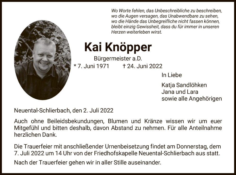  Traueranzeige für Kai Knöpper vom 02.07.2022 aus HNA