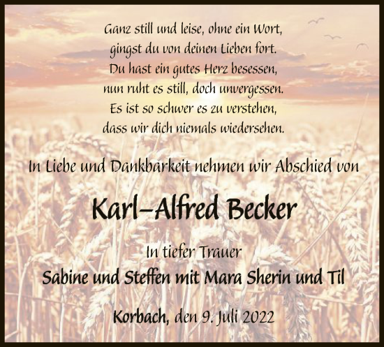 Traueranzeige von Karl-Alfred Becker von WLZ