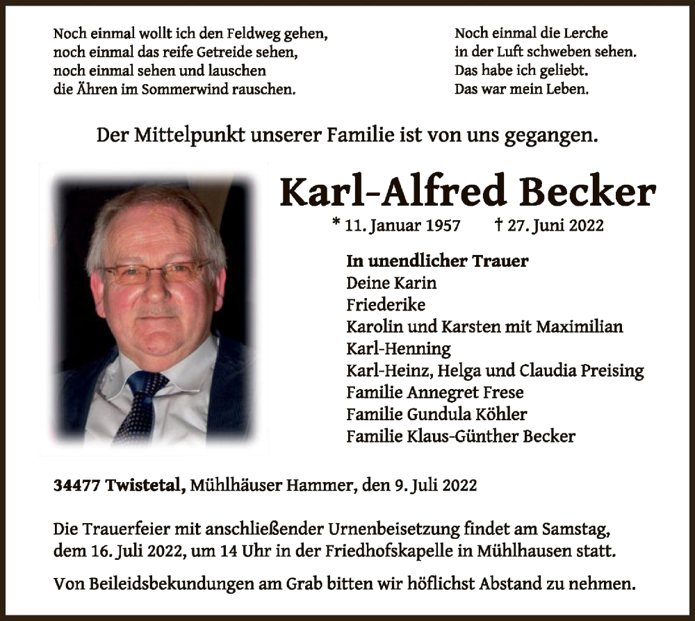  Traueranzeige für Karl-Alfred Becker vom 09.07.2022 aus WLZ