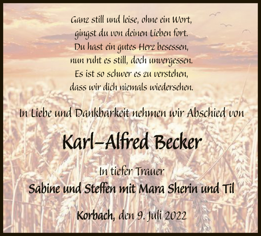  Traueranzeige für Karl-Alfred Becker vom 09.07.2022 aus WLZ