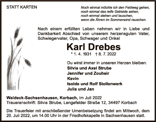 Traueranzeige von Karl Drebes von WLZ