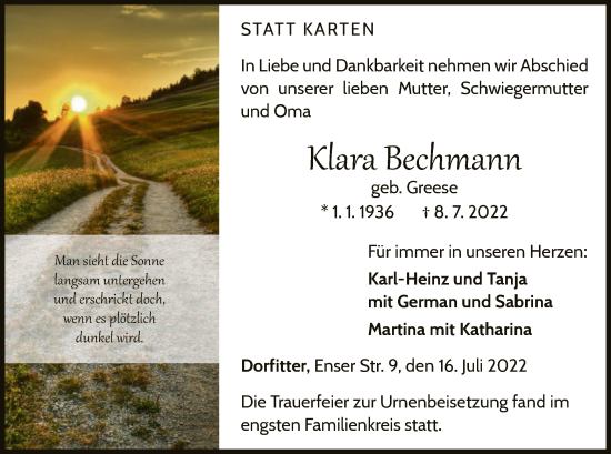 Traueranzeige von Klara Beckmann von WLZ