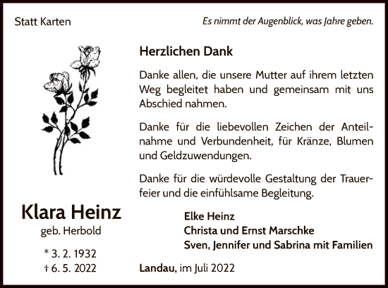 Traueranzeige von Klara Heinz von WLZ