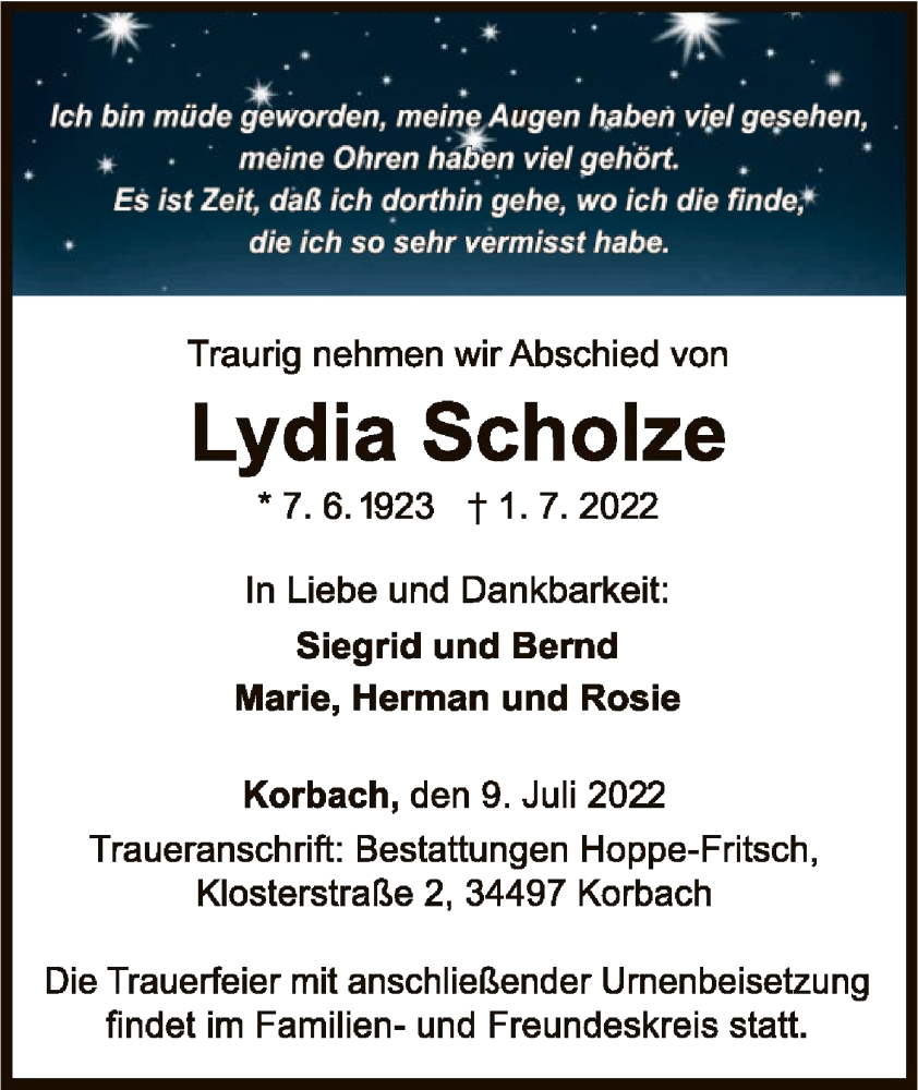  Traueranzeige für Lydia Scholze vom 09.07.2022 aus WLZ