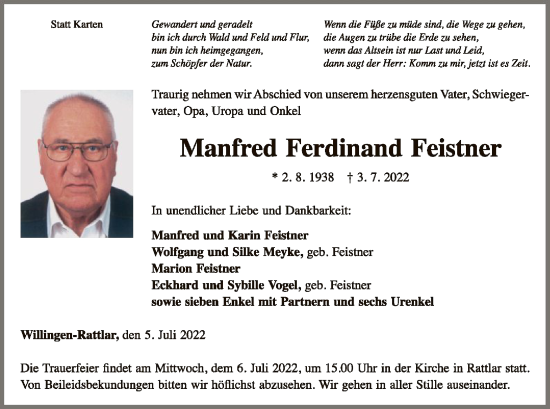 Traueranzeige von Manfred Ferdinand Feistner von WLZ