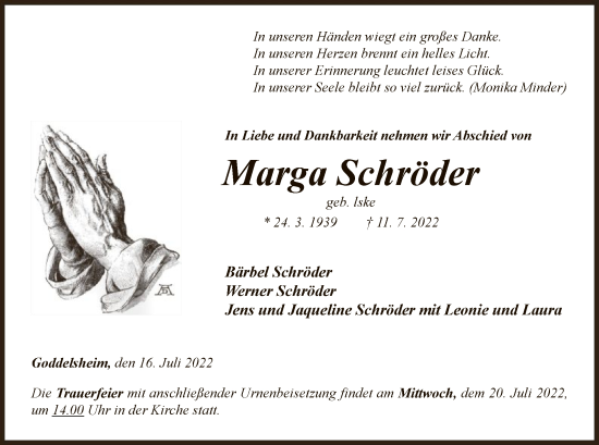 Traueranzeige von Marga Schröder von WLZ