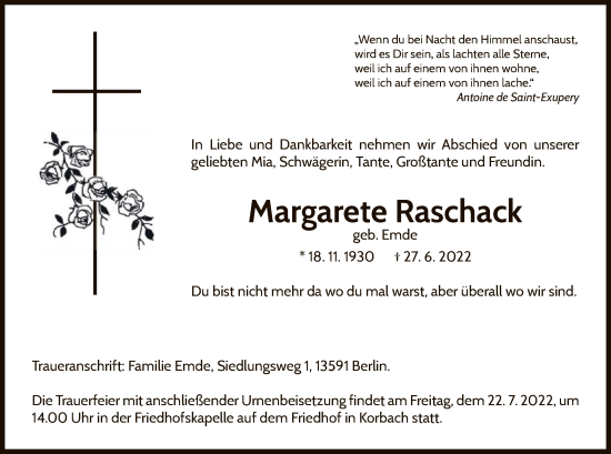 Traueranzeige von Margarete Raschack von WLZ