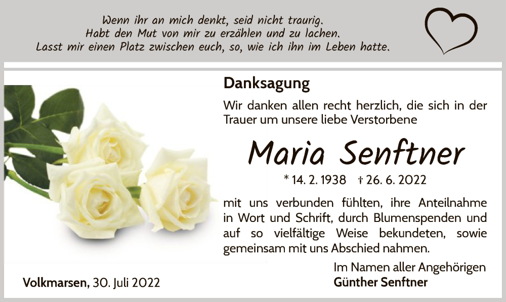  Traueranzeige für Maria Senftner vom 30.07.2022 aus WLZ