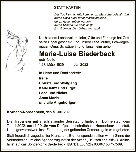 Traueranzeige von Marie-Luise Biederbeck von WLZ