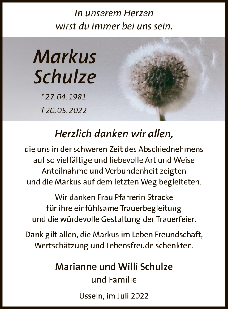  Traueranzeige für Markus Schulze vom 16.07.2022 aus WLZ