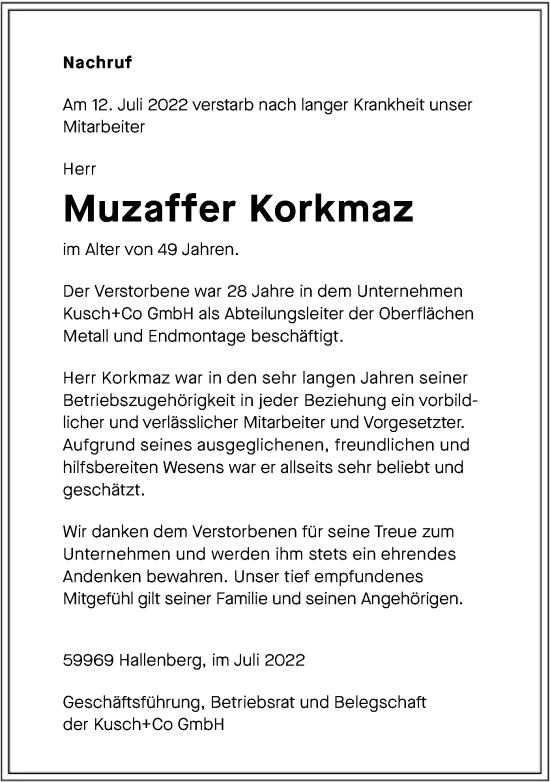 Traueranzeige von Muzaffer Korkmaz von WLZ