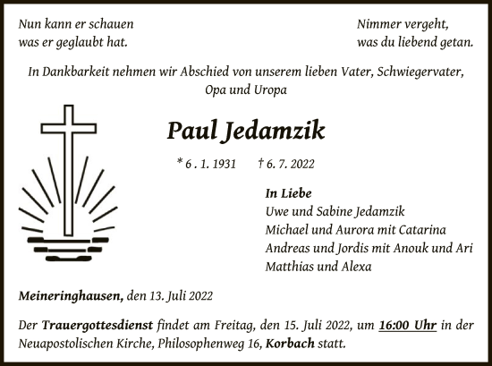 Traueranzeige von Paul Jedamzik von WLZ