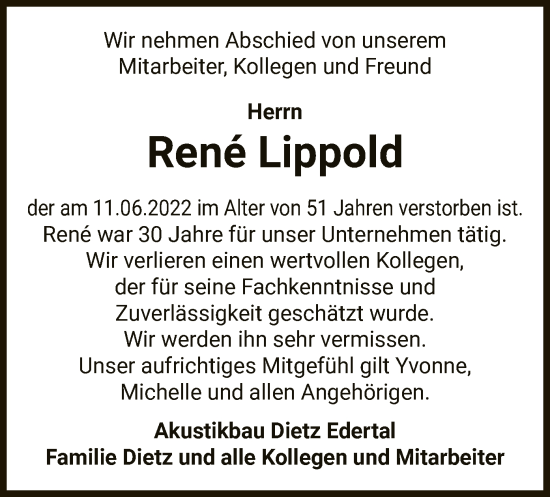 Traueranzeige von Rene Lippold von WLZ