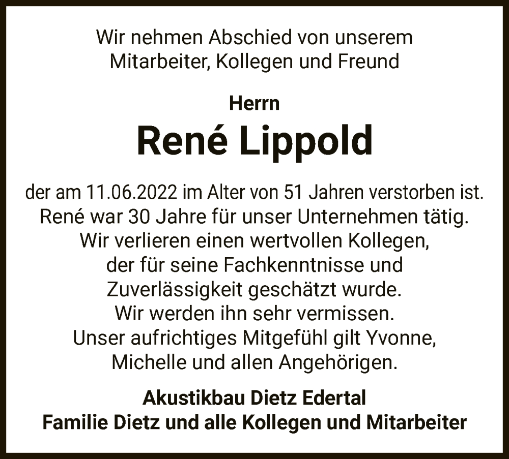  Traueranzeige für Rene Lippold vom 09.07.2022 aus WLZ