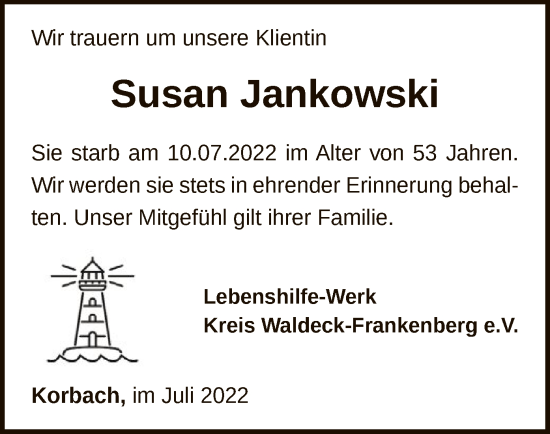 Traueranzeige von Susan Jankowski von WLZ