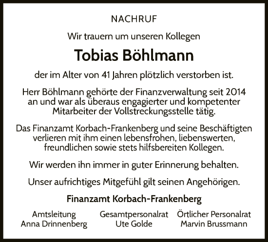 Traueranzeige von Tobias Böhlmann von WLZ