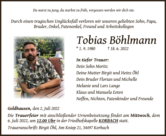 Traueranzeige von Tobias Böhlmann von WLZ