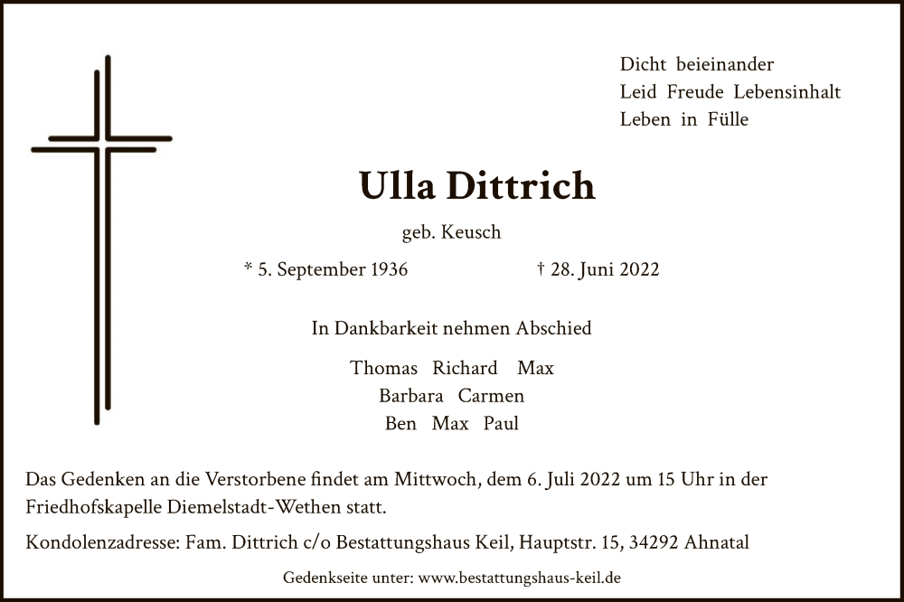  Traueranzeige für Ulla Dittrich vom 02.07.2022 aus WLZ