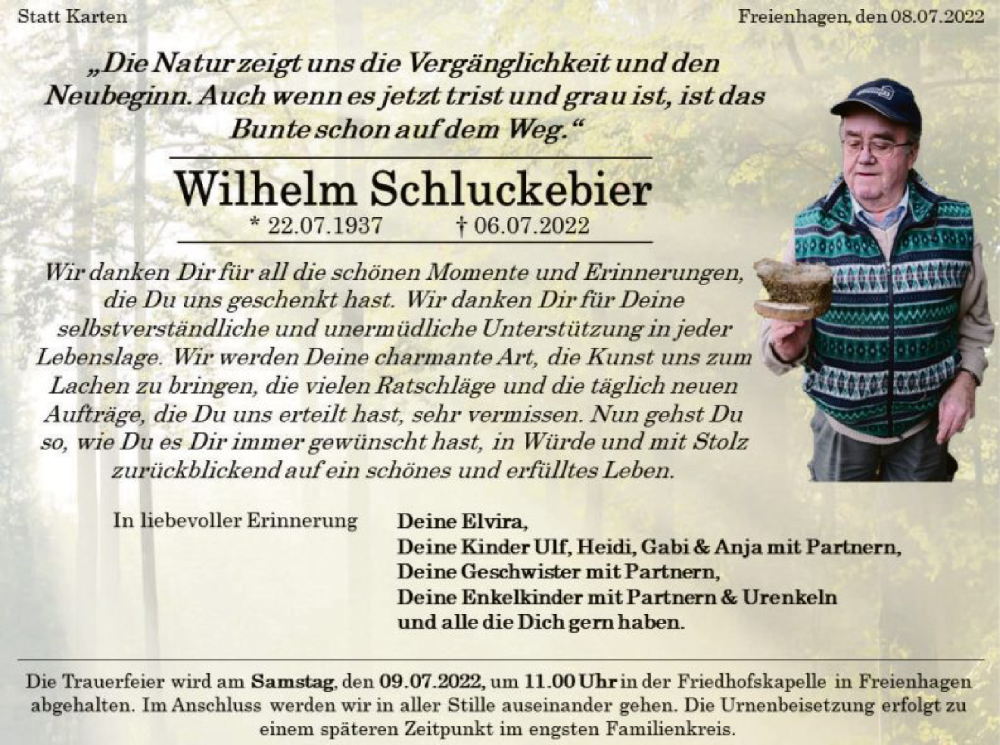  Traueranzeige für Wilhelm Schluckebier vom 08.07.2022 aus WLZ