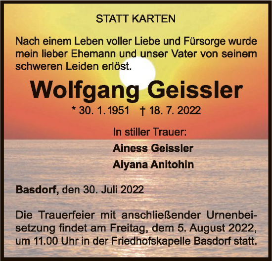 Traueranzeige von Wolfgang Geissler von WLZ