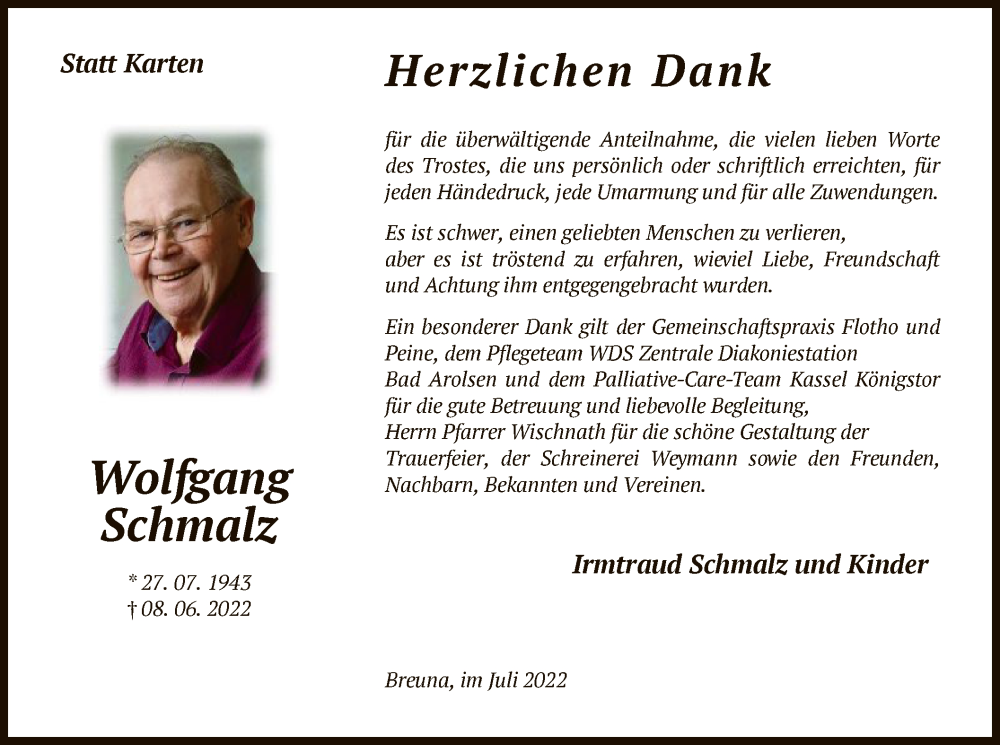  Traueranzeige für Wolfgang Schmalz vom 09.07.2022 aus HNA