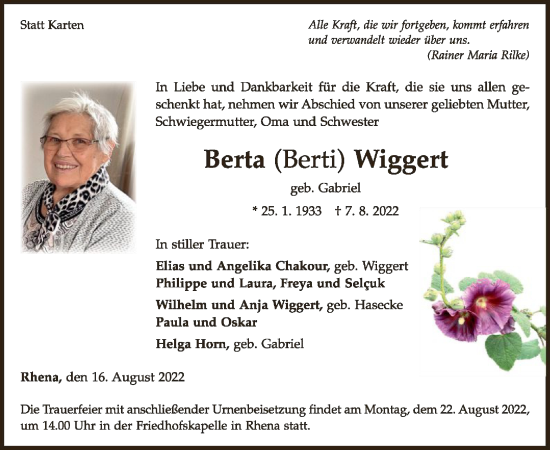 Traueranzeige von Berta Wiggert von WLZ