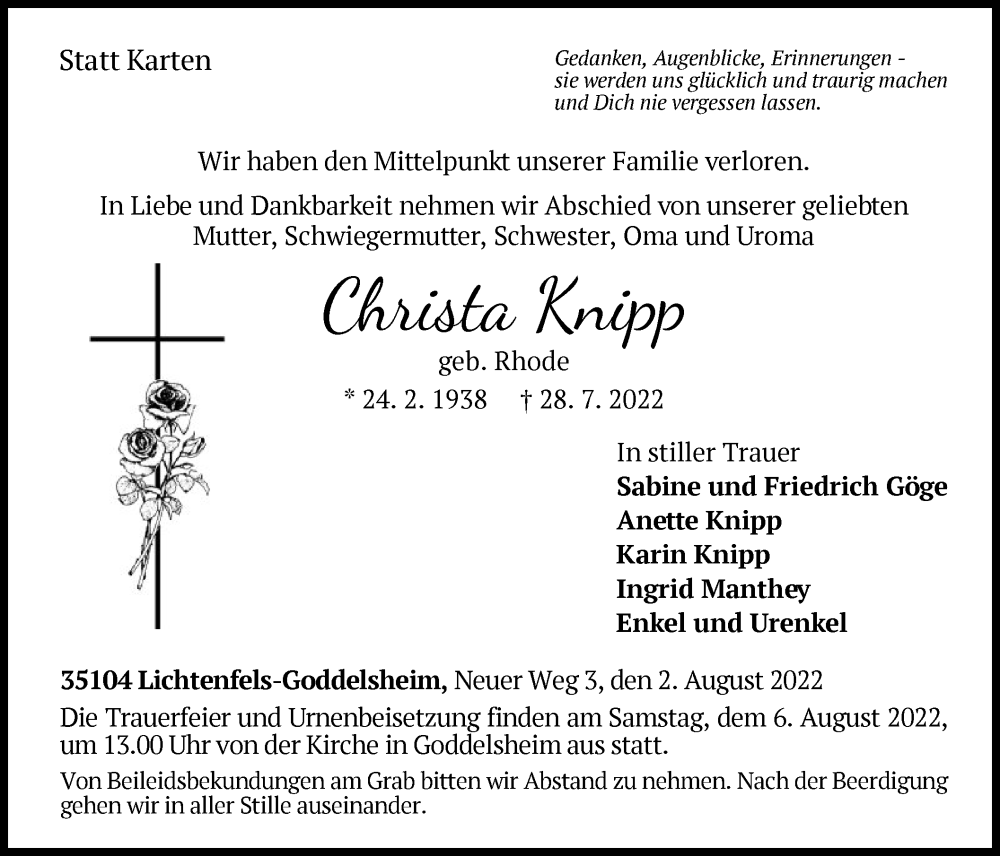  Traueranzeige für Christa Knipp vom 02.08.2022 aus WLZ
