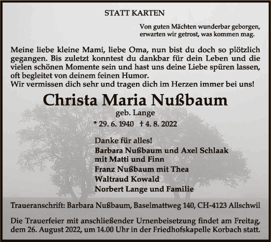 Traueranzeige von Christa Maria Nußbaum von WLZ